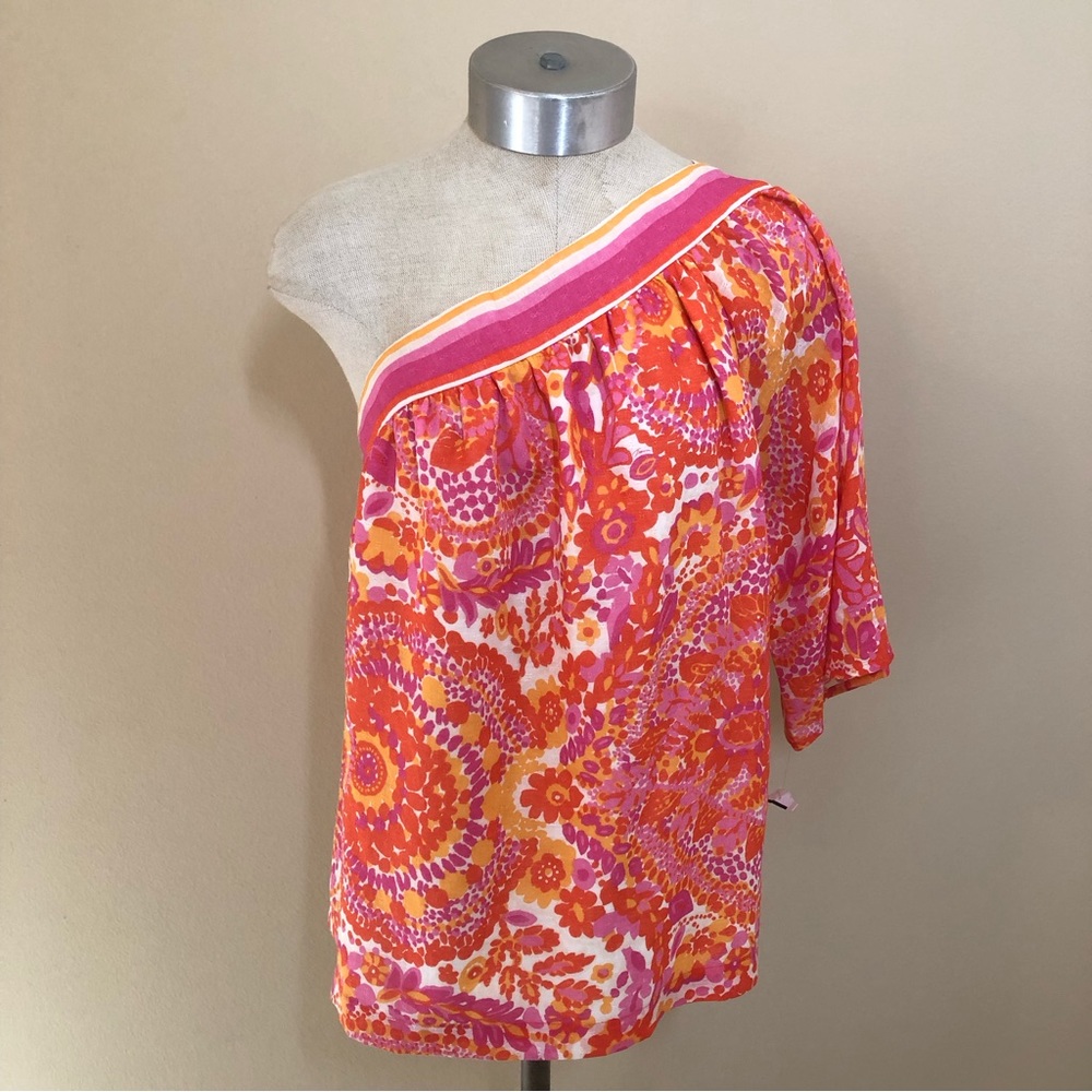 Trina Turk one shoulder linen blend top blouse bonita peony resort